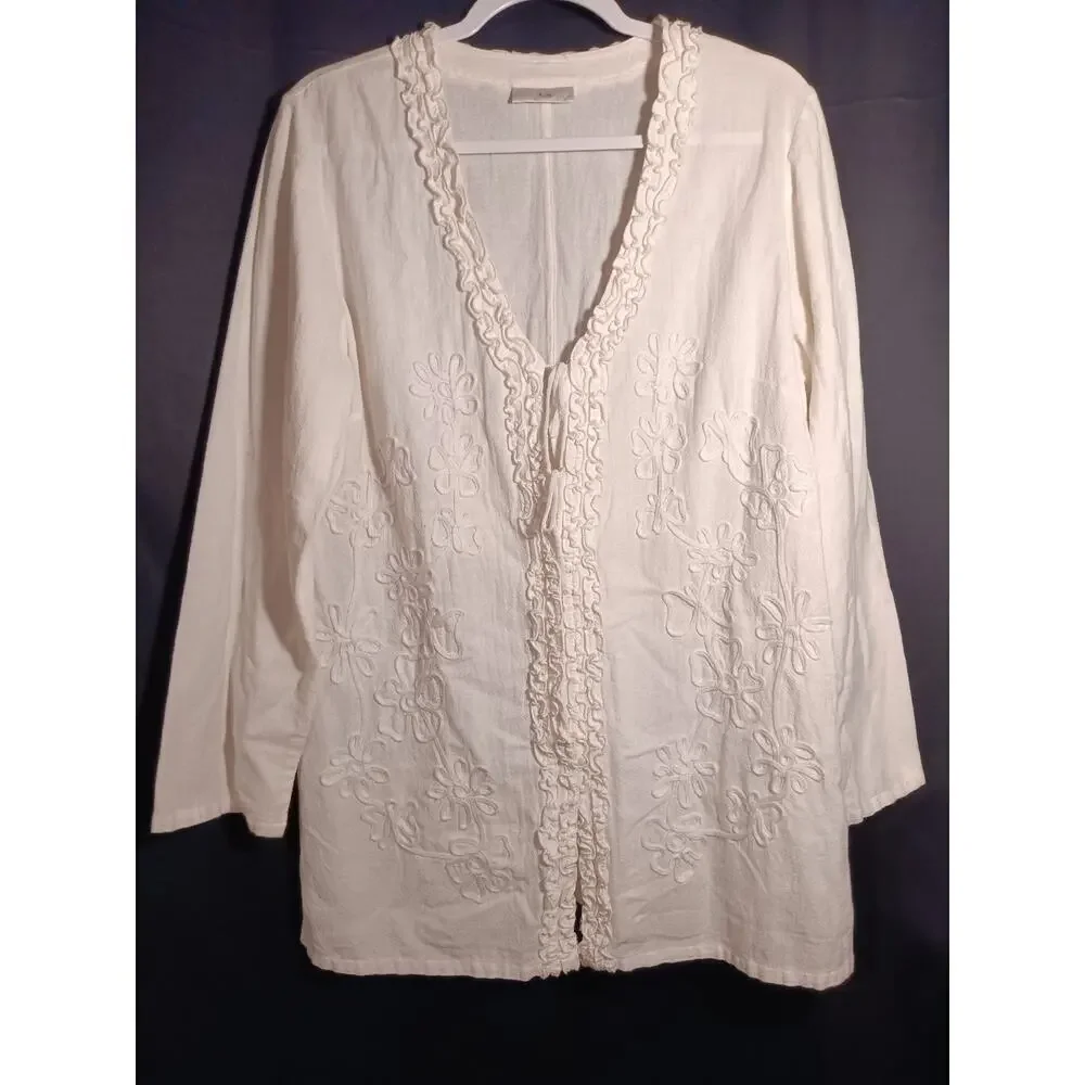Soft Surroundings Women’s Large White Open Front Cardigan Top Layer Cottagecore